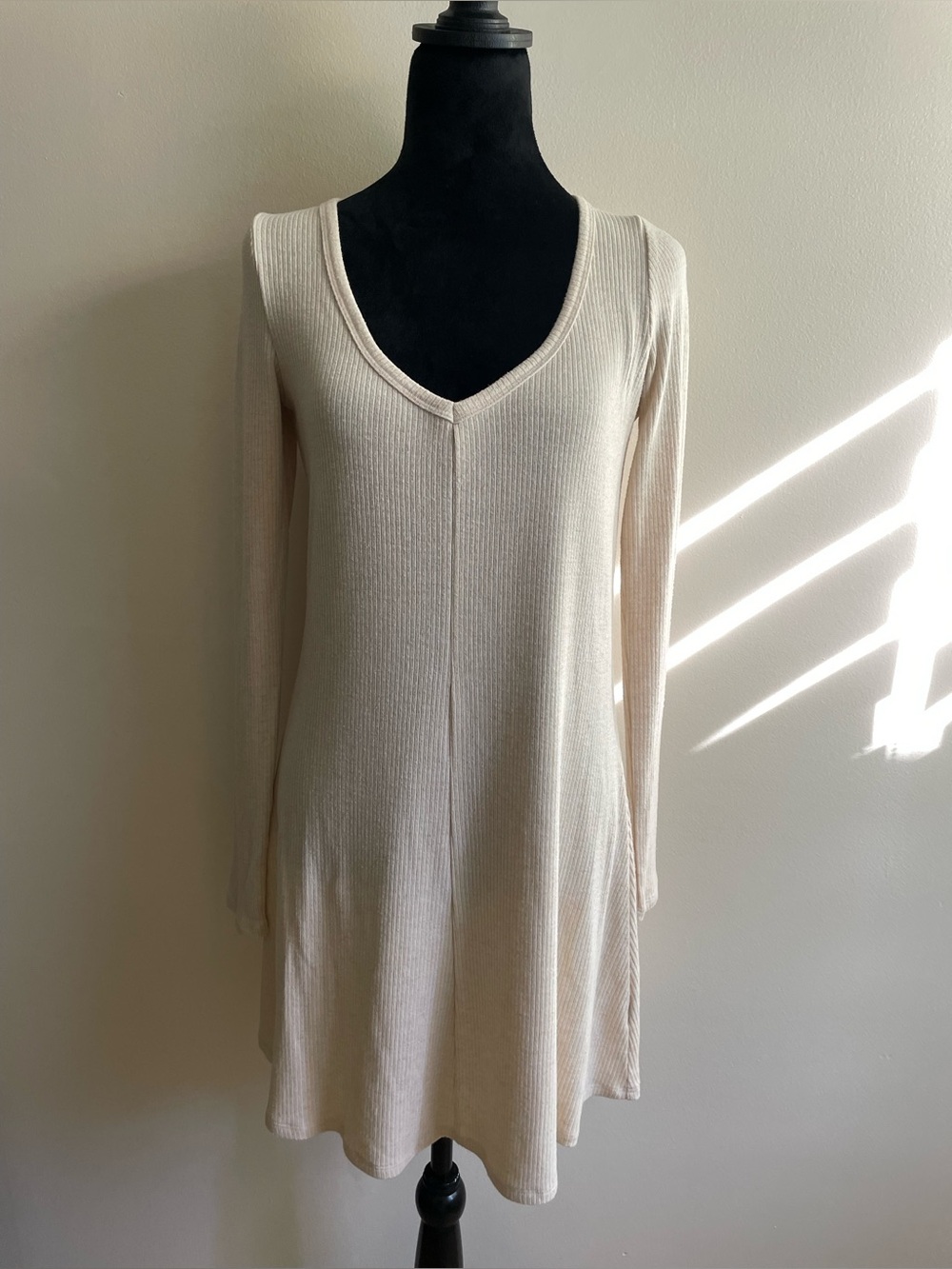 Billabong Ribbed V-Neck Mini Dress Tunic Ivory Long Sleeve M